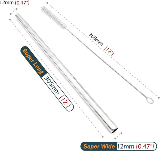 Super Big Drinking Straws Set 12" Extra Long 1/2" Extra Wide Reusable 304 Food-Grade 18/8 Stainless Steel for Frozen Drinks Boba Bubble Tea Smoothies and Shakes - Set of 4 with 2 Cleaning Brushes