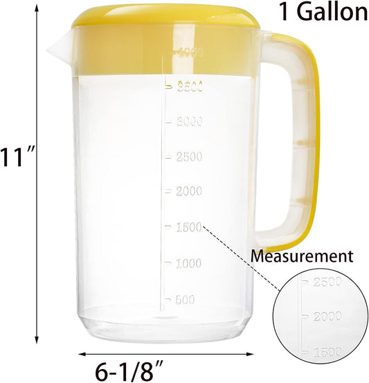 Jucoan 2 Pack 1 Gallon Plastic Pitcher with Lid, Large Water Drink Pitcher, Ice Tea Pitchers with Strainer Cover, Handles, Measurements for Party Sun Tea, Lemonade, Sangria, Cold Brew