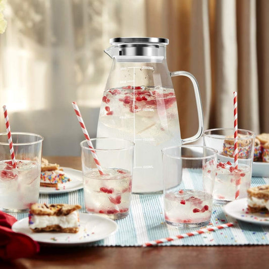 Aofmee Glass Pitcher with Lid and Handle, Glass Water Pitchers, 2 Liter