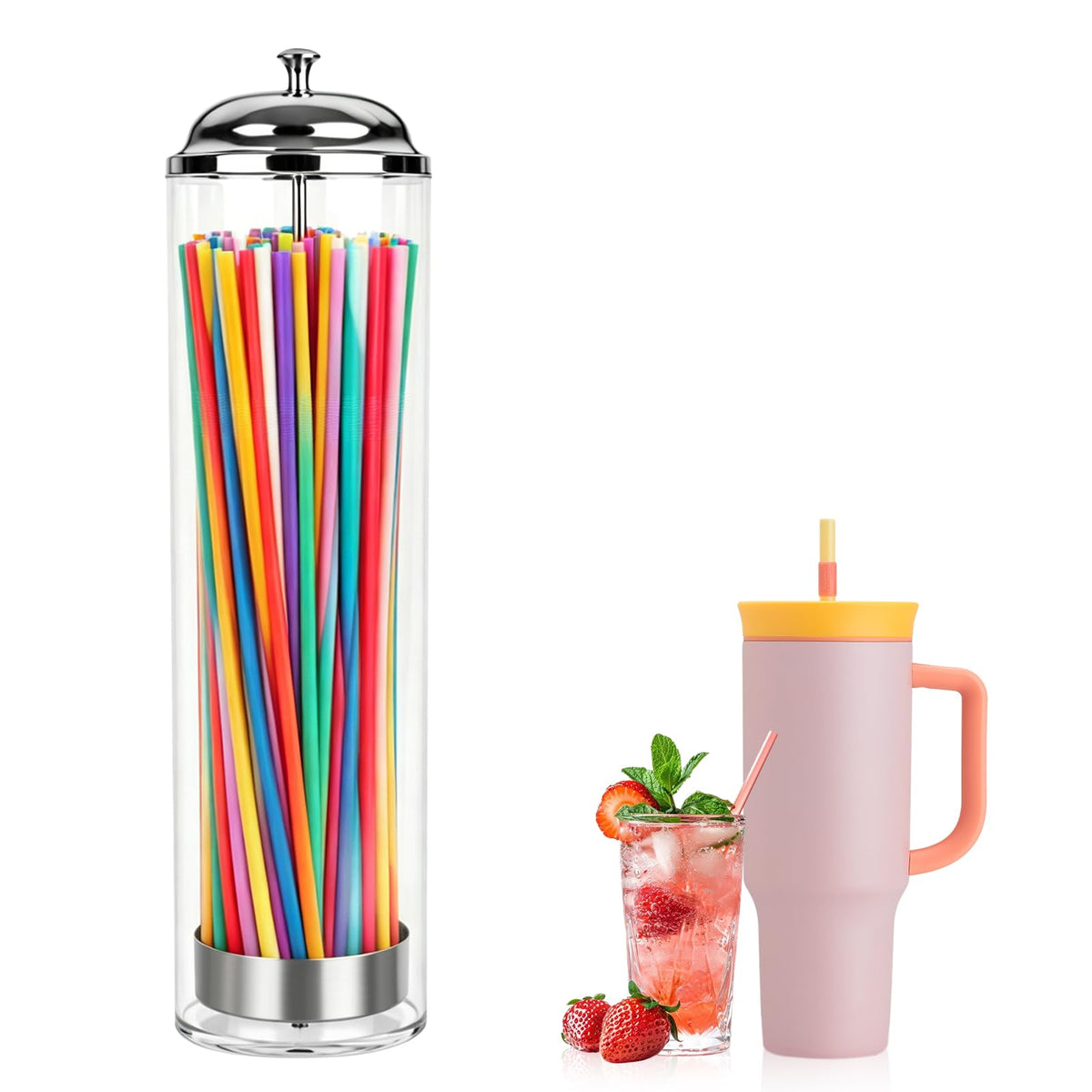 13.77 inch Straw Holder for Standard & Long Bended Size Drinking Straws,Straw Dispenser for Counter With Black Lid,Clear Drinking Organizer Container for Kitchen(Straws Include)