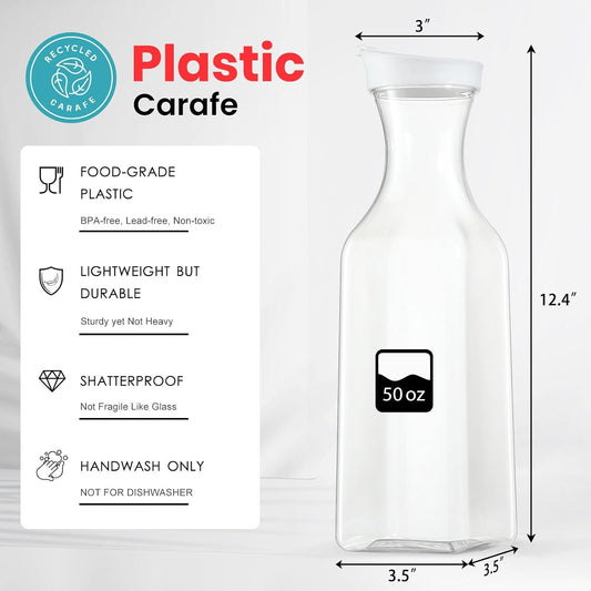 Plastic 8 PACK Large 50 Oz Water Carafe with Flip Top Lid, Square Base Juice Containers, Clear Plastic Pitcher - for Water, Iced Tea, Juice, Beverage, Milk, Cold Brew and Mimosa Bar - HAND WASH ONLY