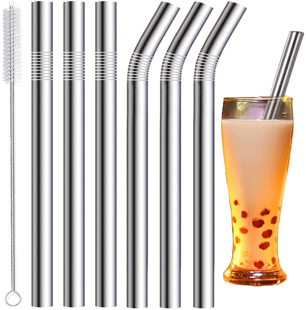 Vinaco 6 Pcs 0.5" Wide Bore Reusable Stainless Steel Metal Smoothie Straws