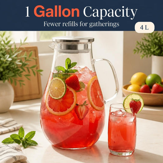 1 Gallon Glass Pitcher with Lid, Borosilicate with Extra Wide Mouth