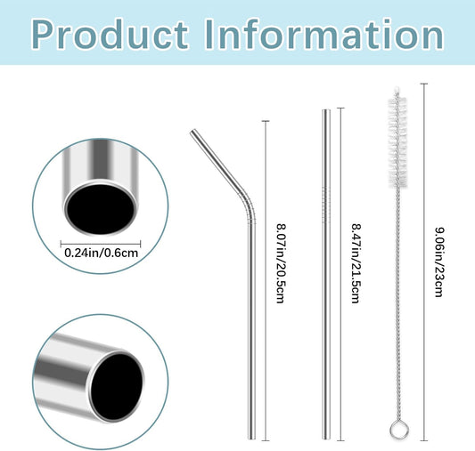 110 Pack metal straws reusable,50 Straight +50 Bent 8.5 Inch Stainless Steel Straws,10 Cleaning Brushes Included, Perfectly Compatible with 20oz Cup Tumblers
