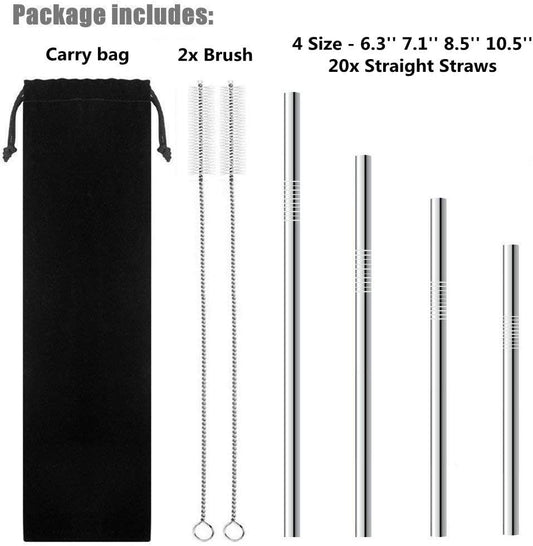 Reusable Stainless Steel Drinking Straws, 20 Pcs 4 Size - 6.3'' 7.1'' 8.5'' 10.5'', Long Short Smoothie Drinking Straight Straws With 2 Brushes and Carry bag, Fit for 20/30 oz Tumblers