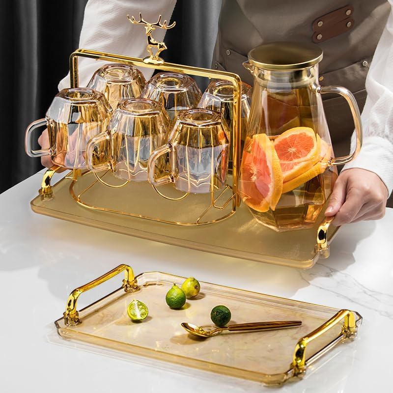 1.7 Liter/58oz Glass Pitcher with Lid Water Carafe Jug with Spout Handle for Hot/Cold Water Tea Beverage (Gold 1-Glass Pitcher)