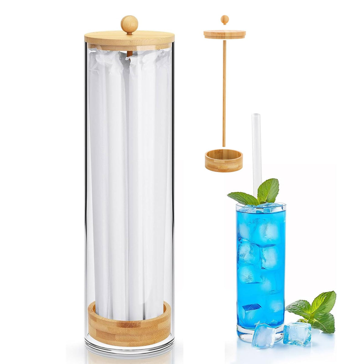 JYPS 10-Inch Acrylic Straw Dispenser with Bamboo Lid with 100 Colorful Straws, Transparent Counter Container Countertop Organizer for Kitchen, Office,Cabinet Storage, Holds Pencils, Cutlery