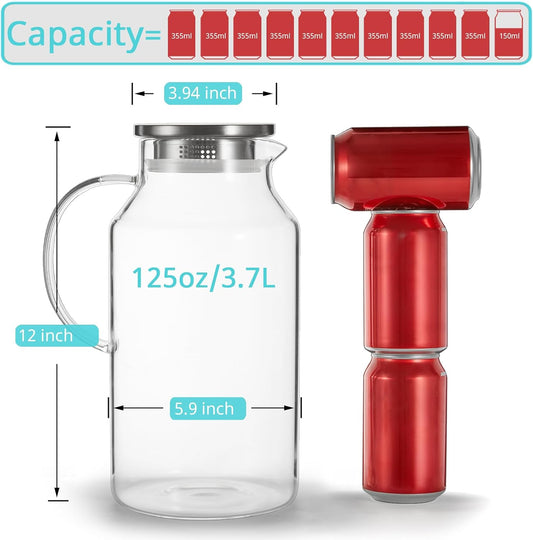 Bivvclaz 1 Gallon Glass Pitcher with Lid and Handle, Water Pitcher for Fridge, Glass Carafe for Hot/Cold Water, Large Iced Tea Jug for Coffee, Juice and Homemade Beverage
