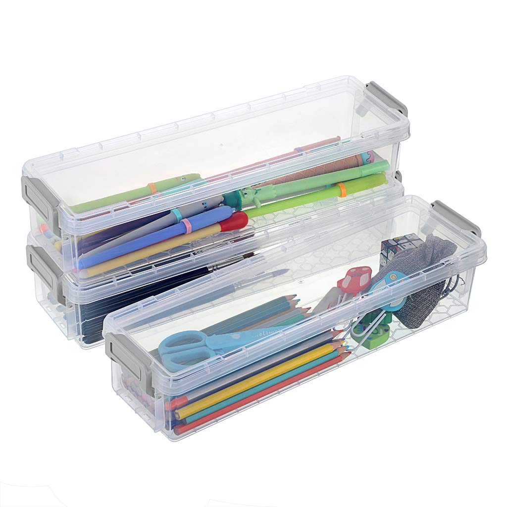 BTSKY Long Plastic Stackable Box Home, Office Supplies Storage Organizer Box Pencil Boxes Plastic Organizer Holder for Gel Pens Erasers Tape Pens Pencils Markers etc- 3 Pack - Clear with Blue Clip