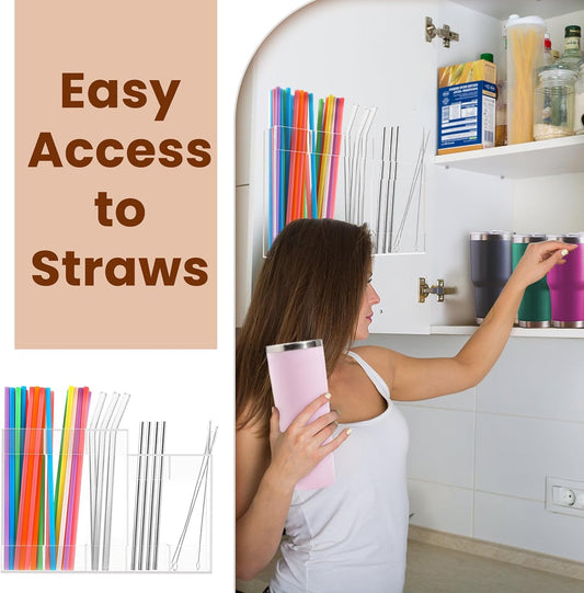 Acrylic Straw Dispenser Organizer - Reusable Metal Straw Holder for Countertop & Cabinet Storage - Ideal for Tumbler Cups, Keep Straws Neat & Accessible, Compatible with Long & Short Straws (Clear)