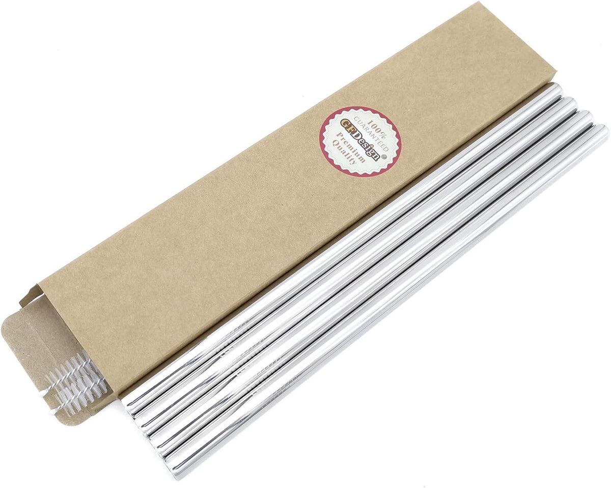 Super Big Drinking Straws Set 12" Extra Long 1/2" Extra Wide Reusable 304 Food-Grade 18/8 Stainless Steel for Frozen Drinks Boba Bubble Tea Smoothies and Shakes - Set of 4 with 2 Cleaning Brushes