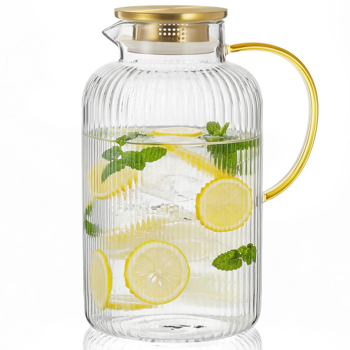 Bivvclaz 2 Pack 2 Liter 68 oz 2.1 Qt Gold Glass Pitcher with Lid and Handle, Water Pitcher for Fridge, Glass Carafe for Hot/Cold Water, Large Iced Tea Jug for Coffee, Juice and Homemade Beverage