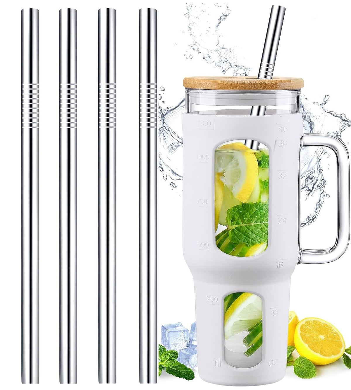 Vinaco 4 Pcs 0.35" Wide Bore Reusable Stainless Steel Metal Smoothie Straws