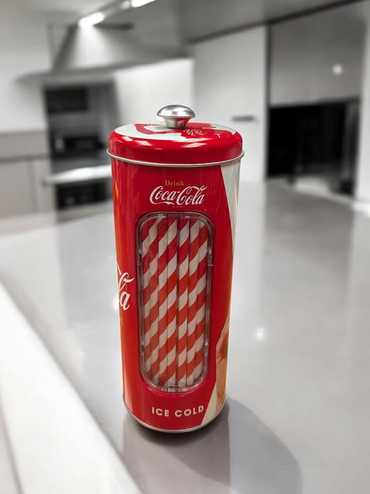 The Tin Box Company Coke Straw Holder Tin with 20 Paper Straws Inside, 3-3/8 x 8-1/4"H, Red and White (771527-12) - Good for 8" Straws or less