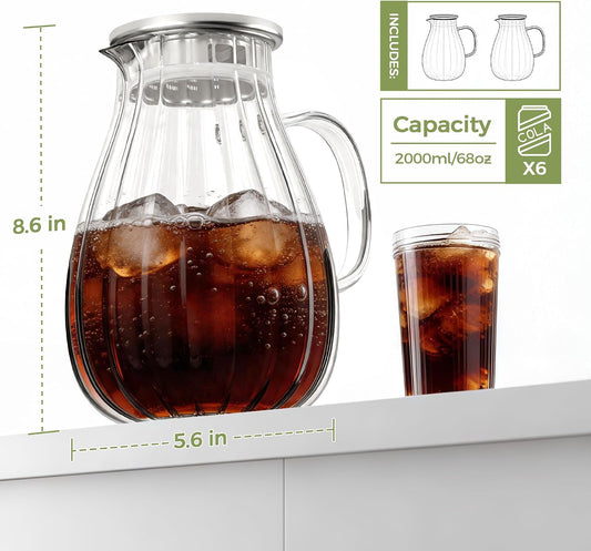 2 Pack Glass Pitcher with Lid and Handle for Fridge, Iced Tea and Coffee Carafe Beverage Serveware, 2 Liters/68 oz Heat Resistant Borosilicate Water Jug for Hot/Cold Drinks