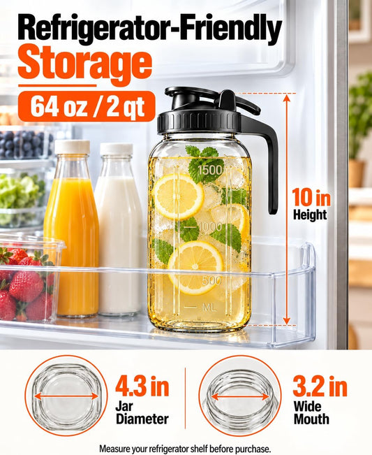 64 oz (2 quart) Mason Jar Pitcher, Glass Pitcher with Lid for Tea