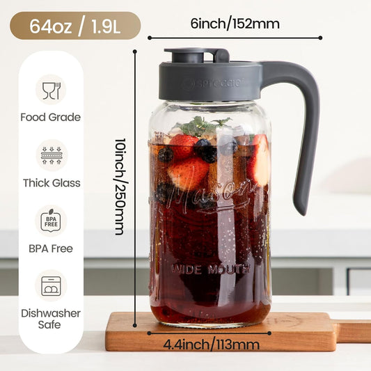 64 oz Mason Jar Pitcher with Lid - Wide Mouth, 2 Quart Glass Water Pitcher with Lid - Heavy Duty, Leak Proof - Sun & Iced Tea, Cold Brew Coffee, Lemonade (1, Gray)