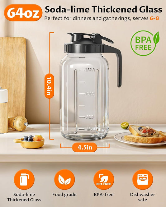 64oz Mason Jar Pitcher, Glass Pitcher with Lid for Tea & Cold Brew
