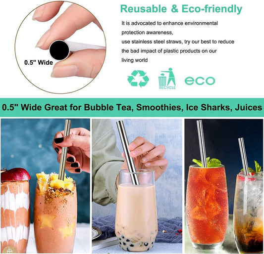 Vinaco 6 Pcs 0.5" Wide Bore Reusable Stainless Steel Metal Smoothie Straws