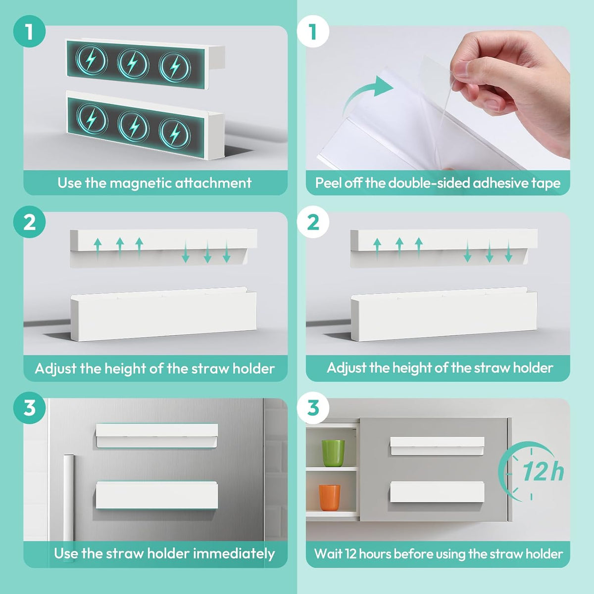 Metal Straw Holder for Cabinet Door with Magnetic and Double Sided Adhesive Tape,Reusable Tumbler Straw Organizer Storage for Refrigerator,Kitchen Accessories Container (White)