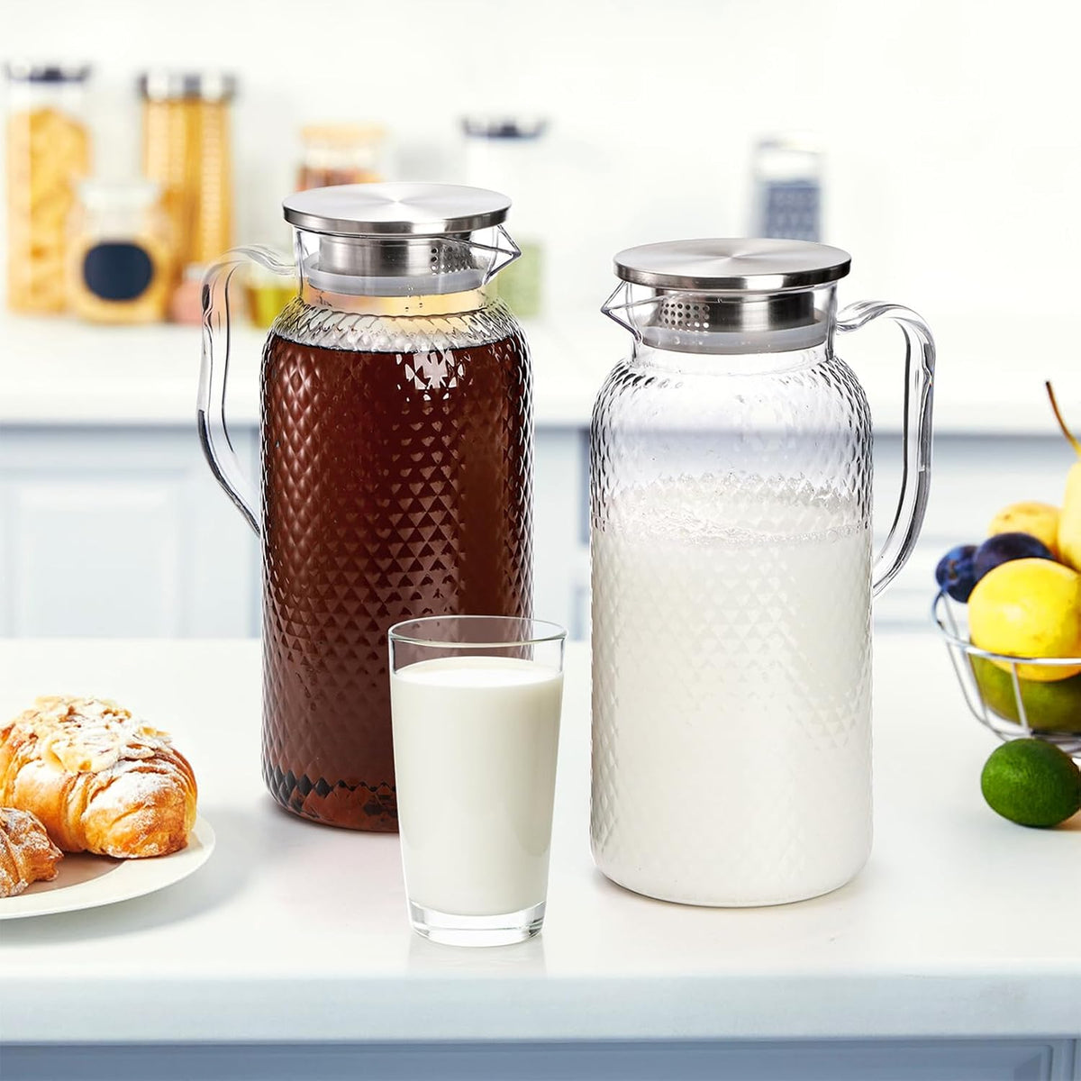 Nicunom 2 Pack Plastic Pitcher 68 Oz, Clear Pitcher with Lid, Water Jug for Fridge, BPA-Free, Ice Tea Pitchers for Juice, Sangria, Lemonade, Milk, Coffee, Cold or Hot Beverages