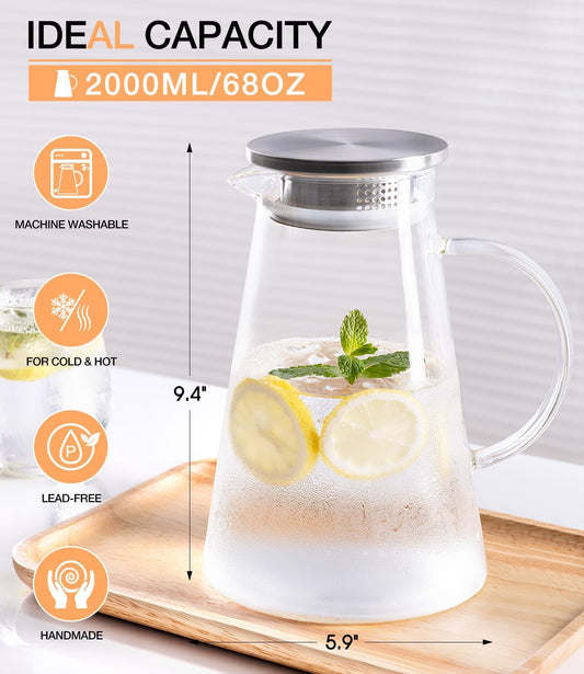 Glass Pitcher with Lid and Handle,68oz Borosilicate Water Pitcher