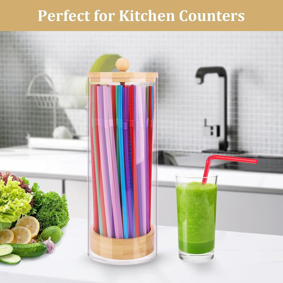 Straw Dispenser, Straw Dispenser With Bamboo Lid, Clear Acrylic Holder, Versatile Storage Container For Straws, Utensils, Makeup Brushes (25x8cm)..