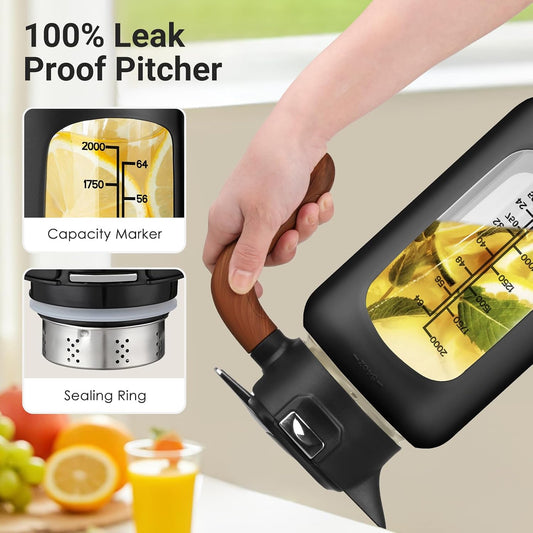 84 oz/2.5L Glass Pitcher with Lid and Handle, Leak-Proof & BPA Free, Fridge