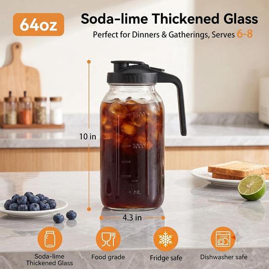 64oz(2 quart) Mason Jar Pitcher, Glass Pitcher with Lid for Cold Brew