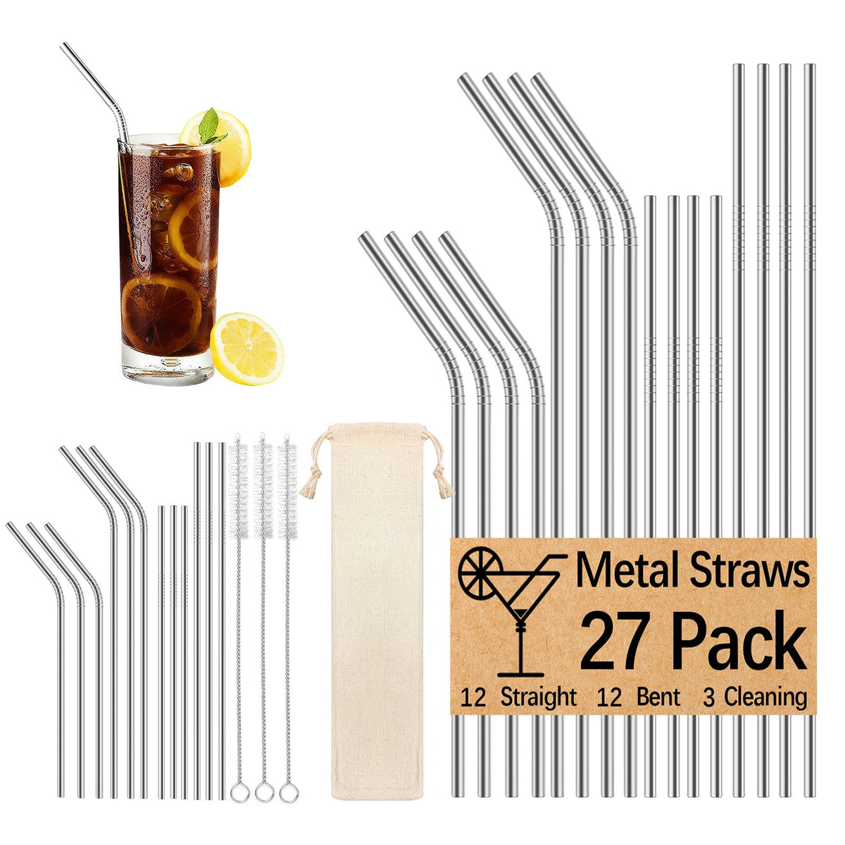 27 Pack metal straws reusable,12 Pcs Straight +12 Pcs Bent 3 Pcs Cleaning Brushes Included,stainless steel straws for 20oz and 30oz Tumblers Dishwasher Safe