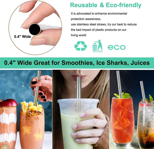 Vinaco 6 Pack 0.4" Wide Bore Reusable Stainless Steel Metal Smoothie Straws
