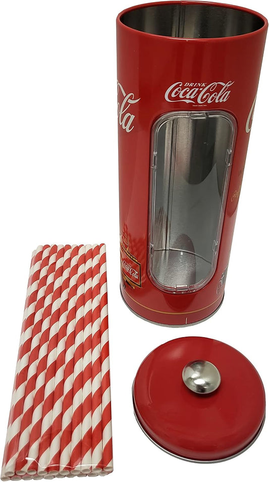 The Tin Box Company Coke Straw Holder Tin with 20 Paper Straws Inside, 3-3/8 x 8-1/4"H, Red and White (771517-12) - Good for 8" Straws or less