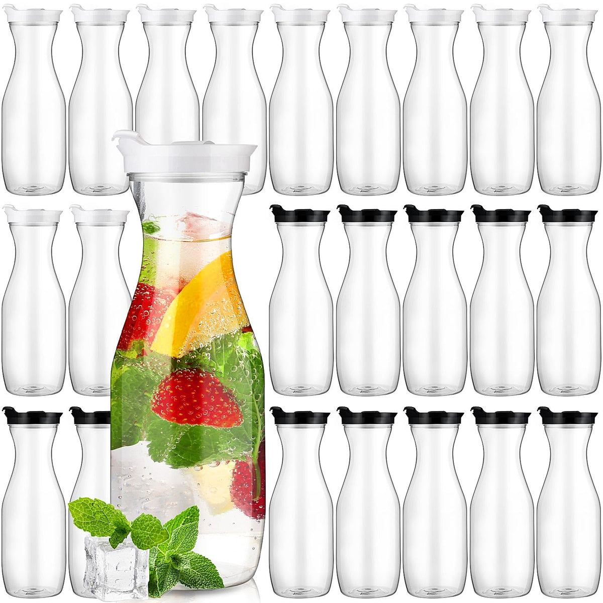 Gejoy 24 Pcs Plastic Water Carafe with Lid 32 Oz Clear,White Cap
