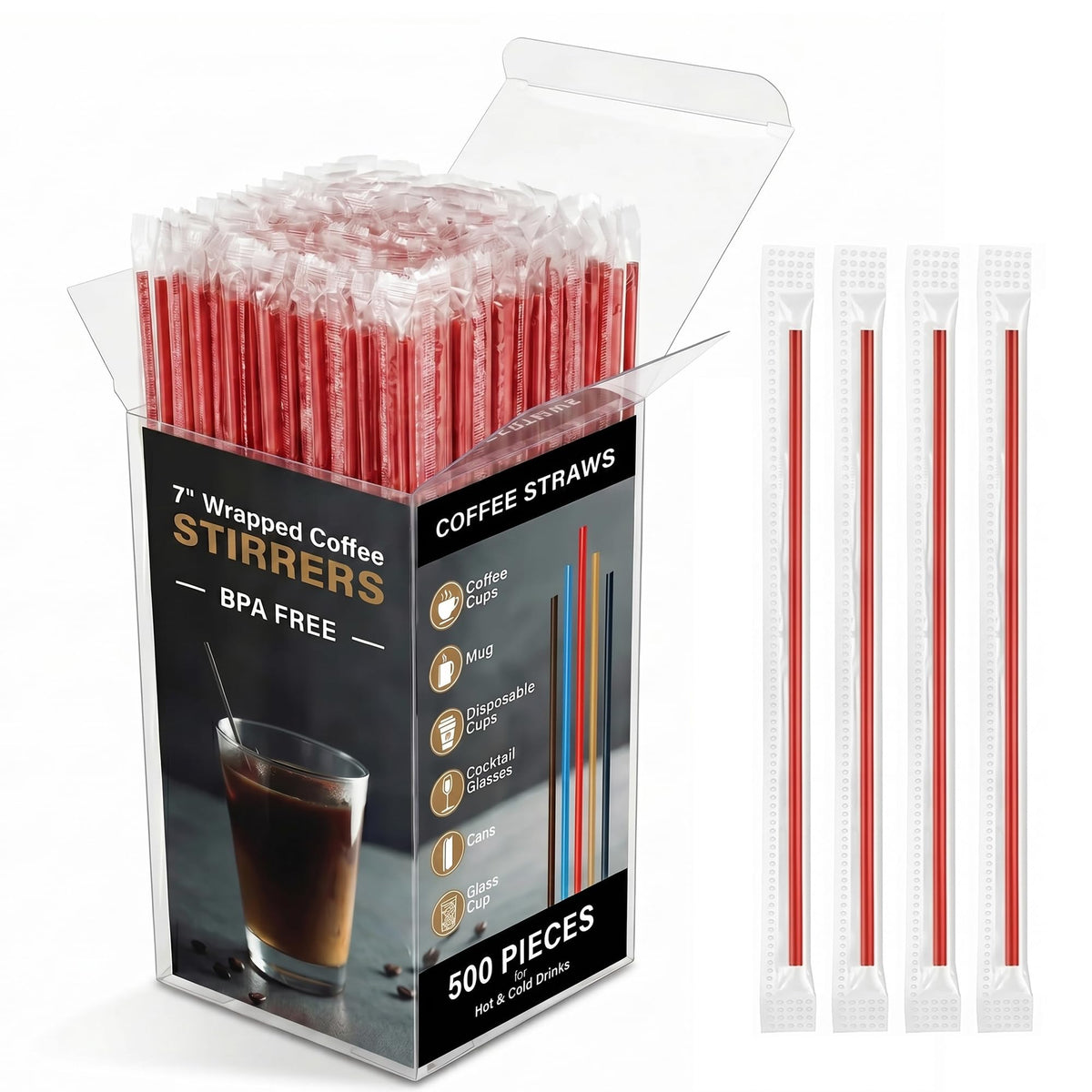500 Pcs Individually Wrapped Coffee Stirrers, Straws (Gold, 7 in)