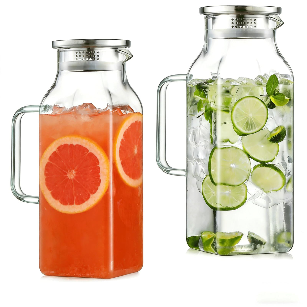 2 Pack 2 Liters/68 oz Square Glass Pitcher with Lid and Handle, Glass Carafe for Hot/Cold Water, Large Iced Tea Pitcher for Coffee, Juice