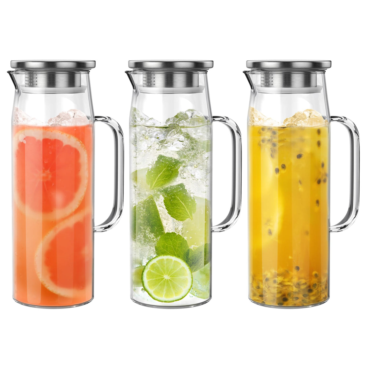 3 Sets Glass Pitcher with Lid, 50 oz / 1500 ml Water Carafe with Handles Hot Cold Beverage Water Jar Glass Jug (Bamboo lid)