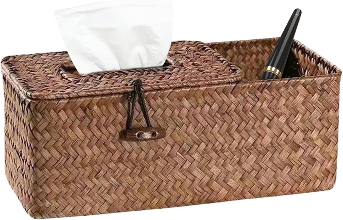 Tissue Box Covers Square Tissue Box Holder, Straw Woven Tissue Box Covers, Rustic Tissue Box with Side Storage Holder, Decorative Facial Tissue Holder for House Office Car Hotel, 24x12x9 Cm