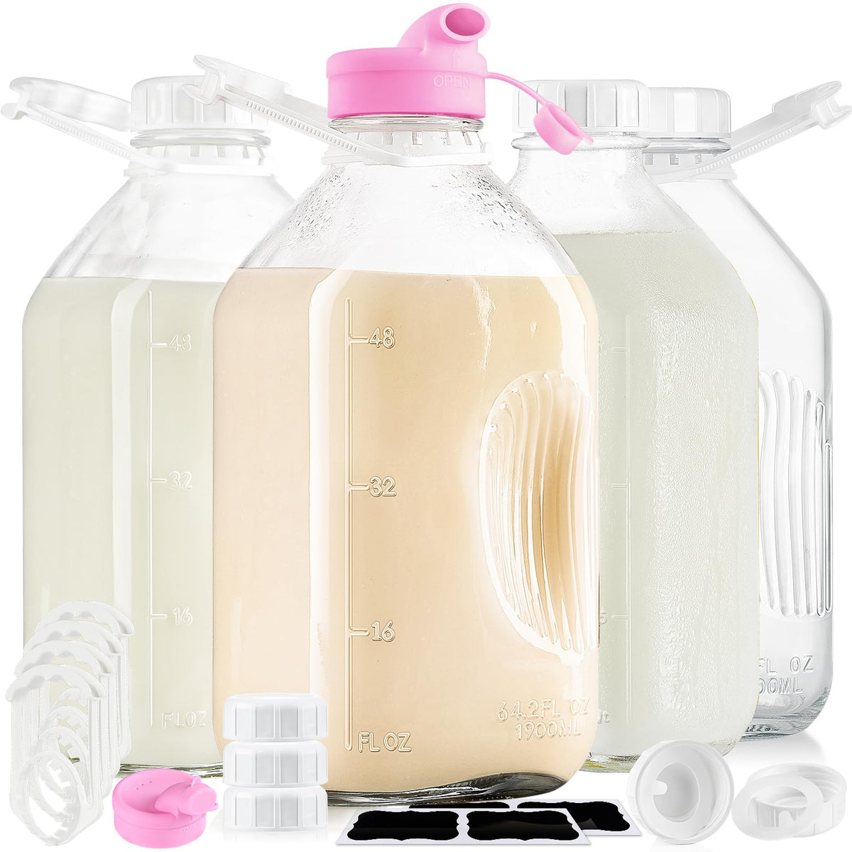 2 Pack 1/2 Gallon Glass Milk Bottles with Airtight Screw Lid & Handle & 2 Spouts - Heavy Duty Glass Water Bottles - Breastmilk Jug Pitcher with Scale Lines, Milk Container for Refrigerator Storage