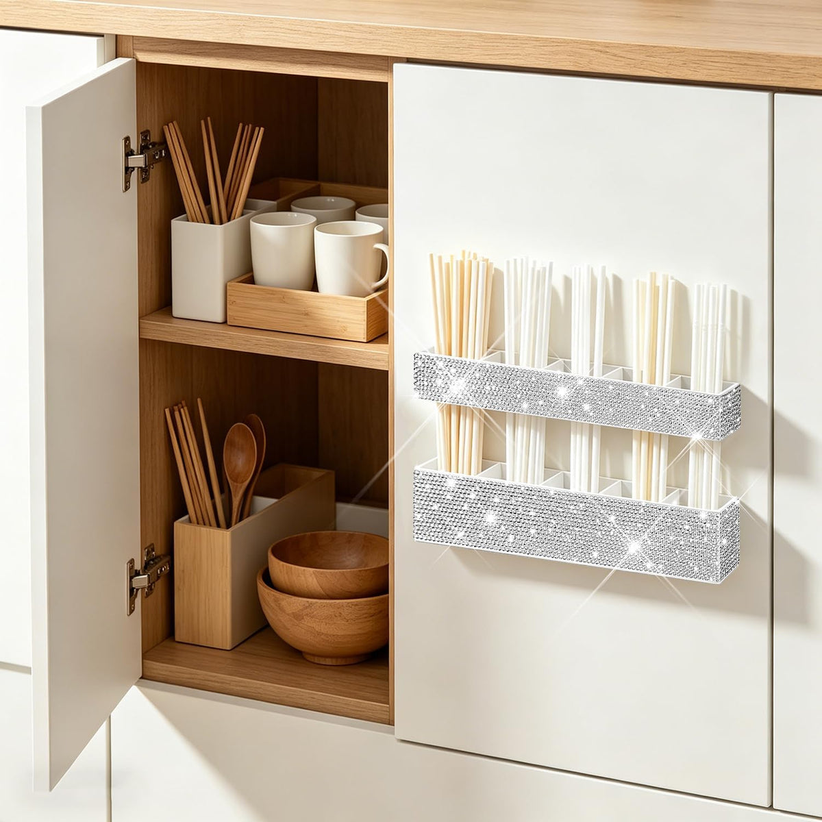 Bling 9.6” Large Acrylic Straw Holder for Cabinet Door, Reusable Adjustable Two-Part Glitter Straws Organizer, Sparkle Straw Storage with Ultra Sticky Adhesive Strips for Cupboard (White)