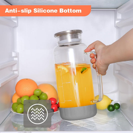 Aofmee 68oz Glass Pitcher with Lid and Handle for Fridge, Grey Silicone