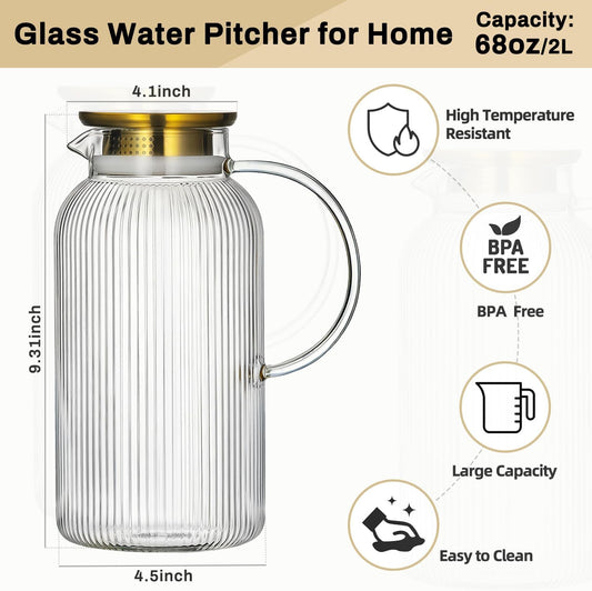 Buaic 2 PACK Glass Pitcher with Silicone Base, 68 oz Water Pitcher with Lid