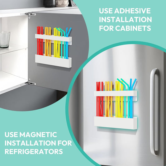 Metal Straw Holder for Cabinet Door with Magnetic and Double Sided Adhesive Tape,Reusable Tumbler Straw Organizer Storage for Refrigerator,Kitchen Accessories Container (White)