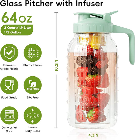 JunVpic Glass Mason Jar Pitcher, 64 oz Wide Mouth Jug