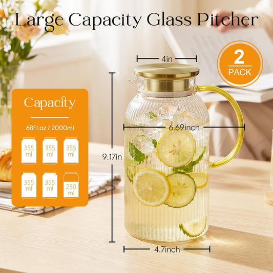 68 oz Glass Pitcher with Lid, Water Pitcher for Tea, Juice, Drink, Lemonade