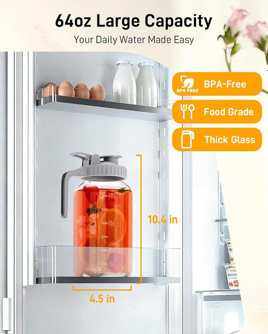 64 oz Mason Jar Pitcher, Glass Pitcher with Lid for Sun Tea & Iced Tea