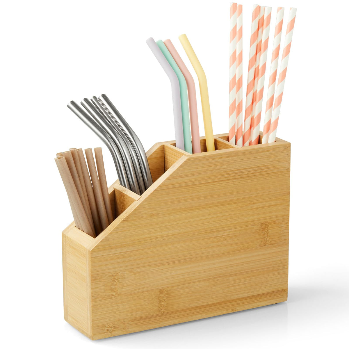 Straw Holder, Acacia Wood Straws Organizer, Cupboard Reusable Straws Dispenser for Kitchen Counter