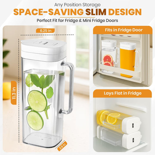 SlimFit 2Quart (2 Liter) pitcher with lid, Water jug for fridge door, White