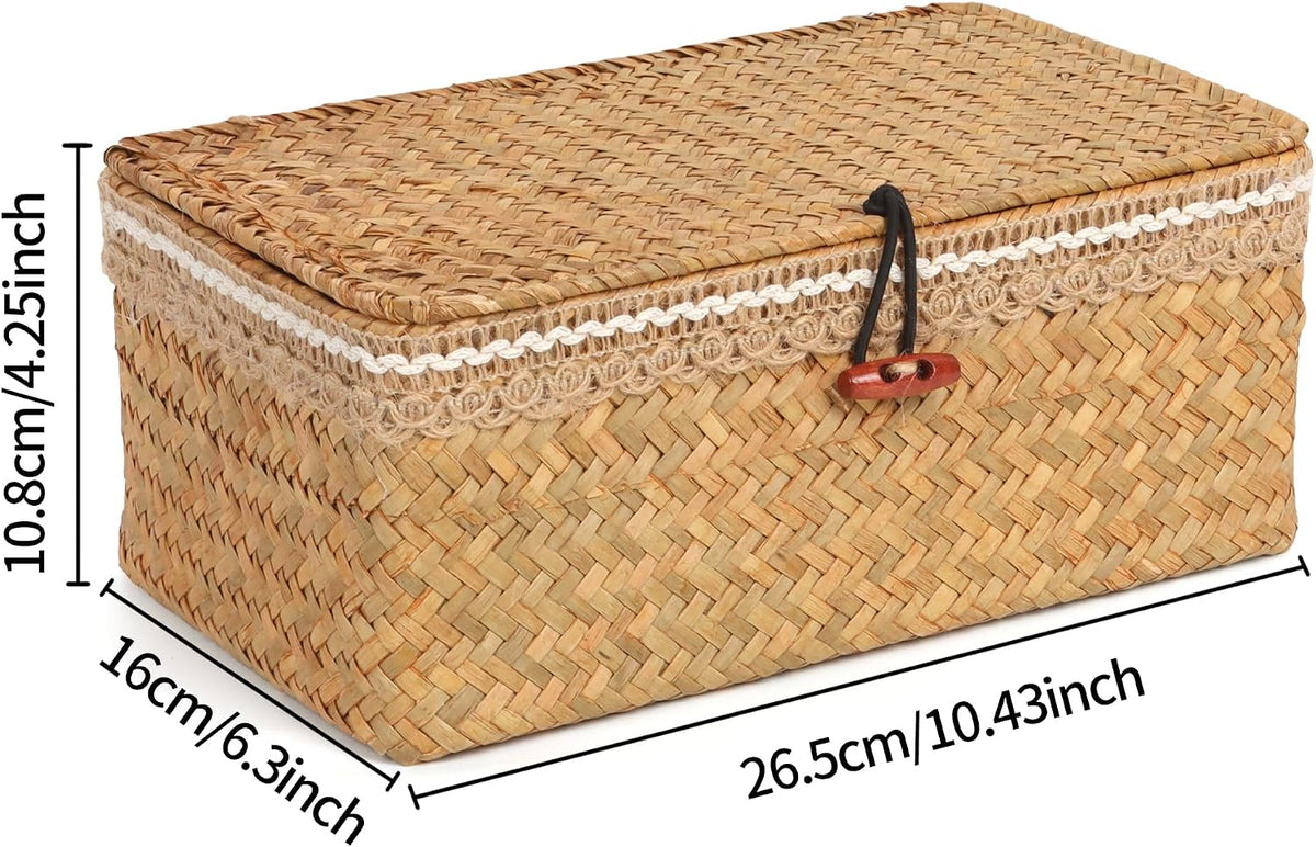 FEILANDUO Wicker Shelf Baskets with Lid - Boho Lace Decorative Storage Boxes, Handwoven Baskets Rectangular Seagrass Bins for Home Organization (Natural, 10.23" x 6.3" x 3.9")