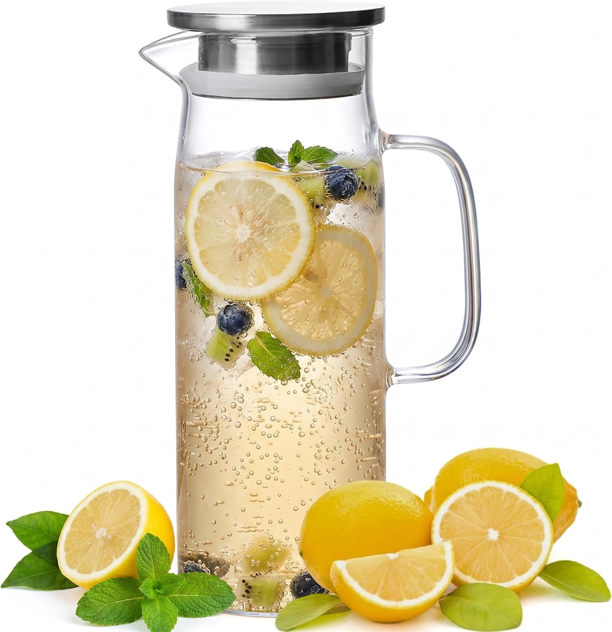 hjn Glass Pitcher with Lid Glass Water Carafe with Handle, Fridge Water Jug Cold or Hot Beverages, Iced Tea, Milk, Juice 1500ml/51oz &