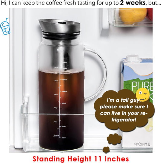 Aquach 51oz Cold Brew Coffee Maker, Borosilicate Glass Pitcher for Iced Tea